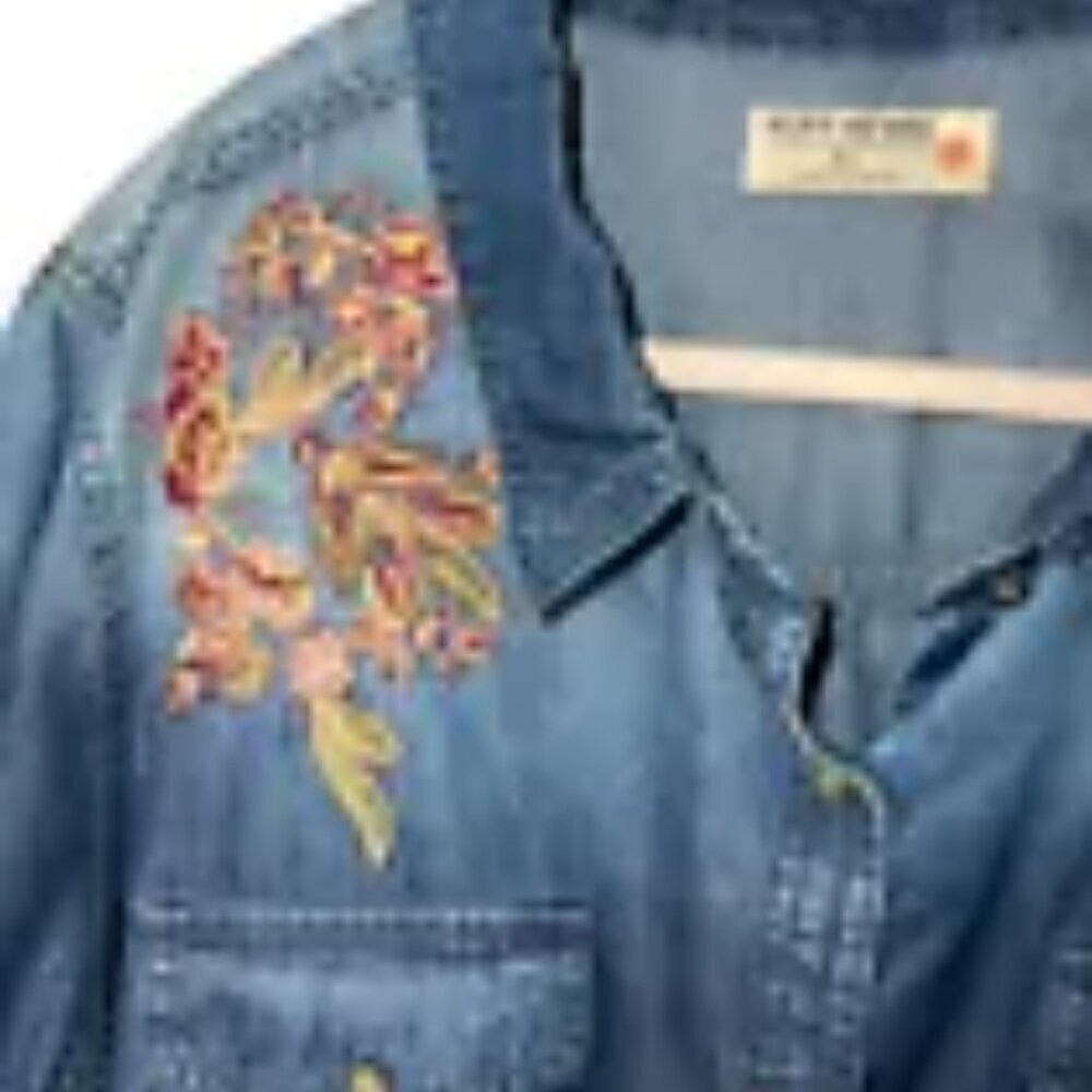 Ruff Hewn Denim Shirt Size L Button Dwn Pearl Buttn Embroidered Floral Womens - Picture 5 of 7